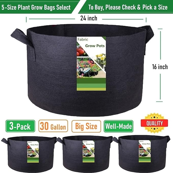 3-Pack 30 Gallon Thickened Plant Grow Bags Large (24x16 in) Heavy Duty Garden Bag Fabric Plant Pots for Tomato,Potato Planter,Flower Pots,Herbs Veggies Planting,Barrel Planter,Leaf Bag,Yard Waste Bags