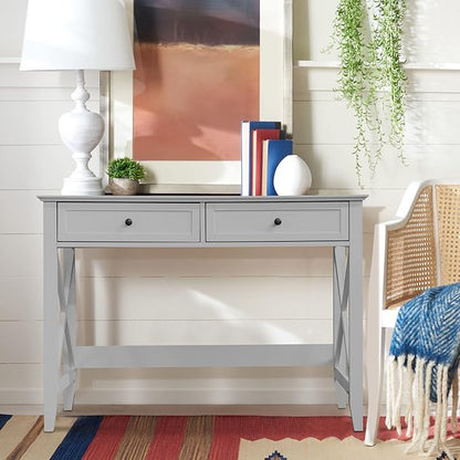 Computer Desk with 2 Drawers, Elegant Home Office Writing Study Desk with Storage, Modern Simple Vanity Desk Console Table for Living Room, Grey