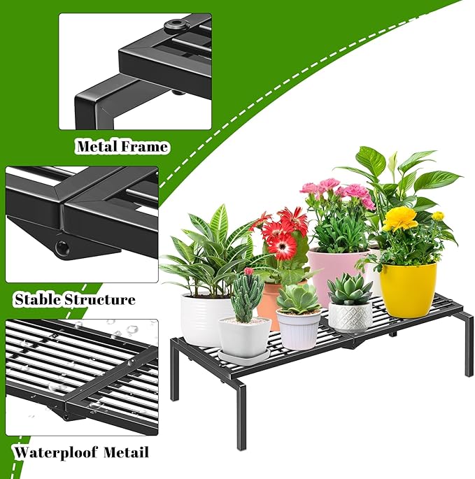 1 Tier Metal Plant Stand Indoor Outdoor, Potted Multiple Flower Pot Holder Rack Plant Shelf, Heavy Duty Planter Display Shelving for Patio Balcony Garden Living Room Decorative (Black)