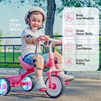 Liberry Toddler Tricycle Age 2 3 4 Years Old, Kids Trike with Light Up Wheels, Removable Pedal and Basket, 3 Wheel Bike Outdoor Indoor Riding Toy Gift for Girls Boys, Pink