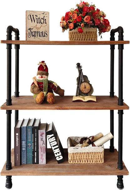 3 Tier Industrial Pipe Bookcase, Rustic Farmhouse Bookshelf with Solid Wood for Living Room, Kitchen, Office