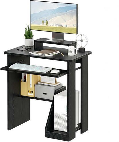 ALISENED 30 Inch Computer Desk, with Keyboard Tray & Monitor Stand | Compact Desk for Space-Saving, Ergonomic Study Desk with Storage Shelves for Writing, Gaming, Working, Black