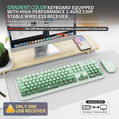 FOPETT Wireless Keyboard and Mouse Combo - 2.4G Full-Sized Cute Colorful Mouse and Keyboard with 104 Round Keys Retro Typewriter Keyboard for Laptop/Windows/PC - Green Gradient