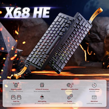 ATTACK SHARK X68HE 60% Wired RT 8K Keyboard and Wireless R1 Mouse-Moonlight | Adjustable Actuation,Hall Effect Mechanical Magnetic Switch,Coiled Cable,USB C/2.4Ghz/BT Ultralight 18K DPI Mice for PC Gamer