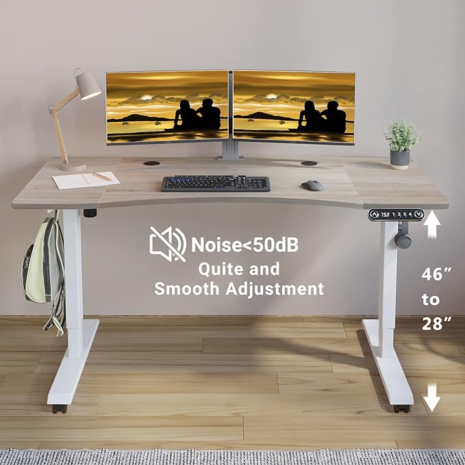 Adjustable Height Electric Standing Desk - 55 x 30 Inch Sit Stand Computer Desk with Splice Board, Stand Up Desk Table for Home Office, White Frame/Oak Top(with Radian)