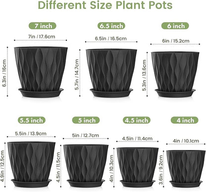 7/6.5/6/5.5/5/4.5/4 inch Plant Pots for Indoor Outdoor Plants, 7 Pack Thick Flower Pots with Drainage Holes and Saucers, Modern Wave Texture Plastic Planter Pots for Nursery, Succulent, Black