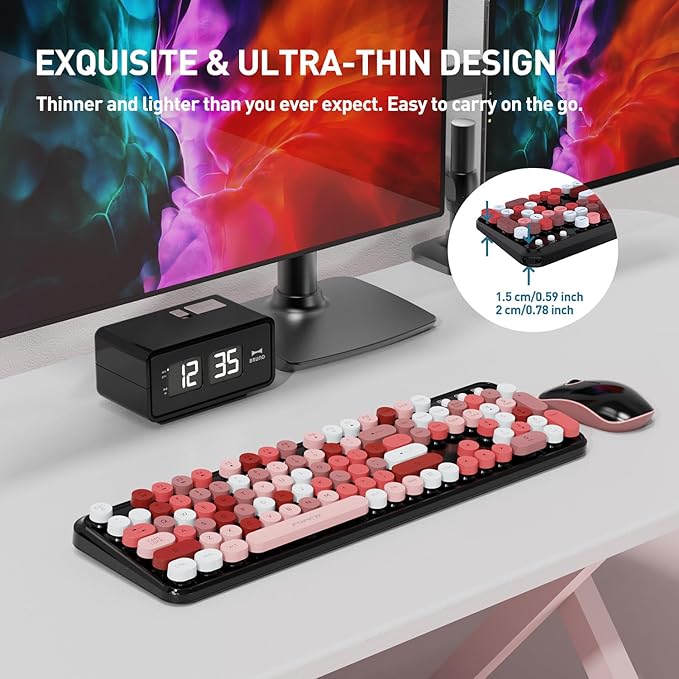 FOPETT Wireless Keyboard and Mouse Combo, 105 Keys Full-Sized 2.4 GHz Round Keycap Colorful Keyboards, USB Receiver Plug and Play, for Windows, Mac, PC, Laptop, Desktop (Blackcolorful)
