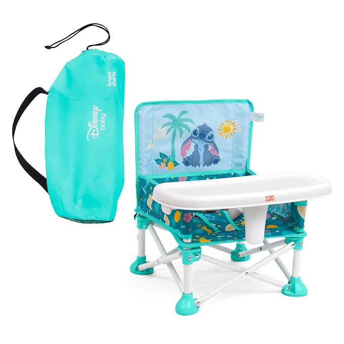 Bright Starts Disney Stitch Pop 'N Sit Portable Booster, Indoor/Outdoor Use, Floor Seat with Feeding Tray, Blue, 6 Mos - 3 Yrs