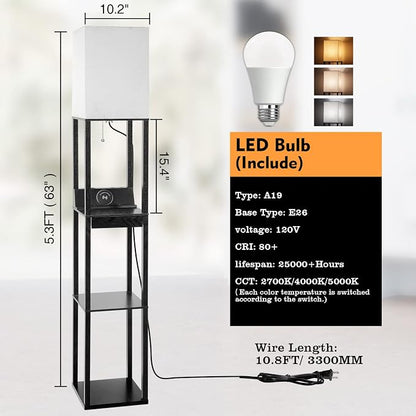 Floor Lamp with Shelves, RUNTOP LED Shelf Floor Lamp with Wireless Charger & 2 Charging USB Ports & Drawer, AC Outlet, 3 Color Temperature Tall Standing Lamp with Bulb for Living Room, Bedroom, Office