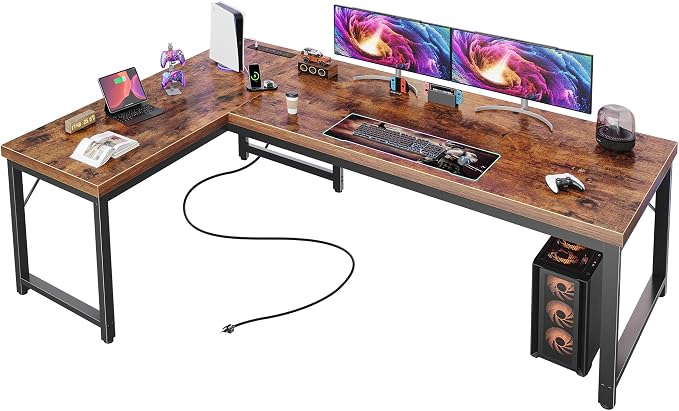 Huuger 63 Inch L Shaped Desk with Power Outlets and USB-C Port, 0.95 Inch Thicker Desktop, Reversible Computer Desk, Larger Office Corner Gaming Desk, Metal Frame, for Home Office, Study, Rustic Brown