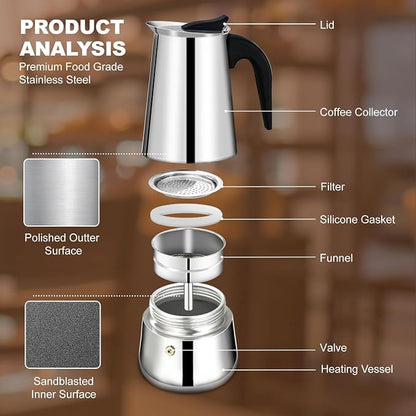 12 Cup Stovetop Espresso Maker Stainless Steel Moka Pot Stove Top Percolator Italian Coffee Makers Capable Mocha Greca Machine Cafe Classic Induction Cookers for Home and Camping 600ml 20oz