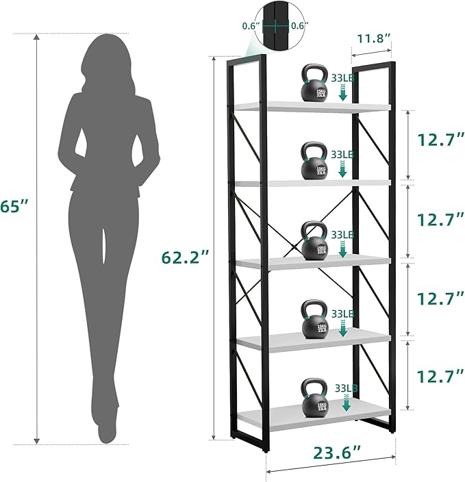 YITAHOME 5-Tier Bookshelf, Freestanding Black and White Book Shelf, Modern Minimalist Open Display Storage Book Shelves Standing Shelving Unit for Living Room Bedroom Home Office, White