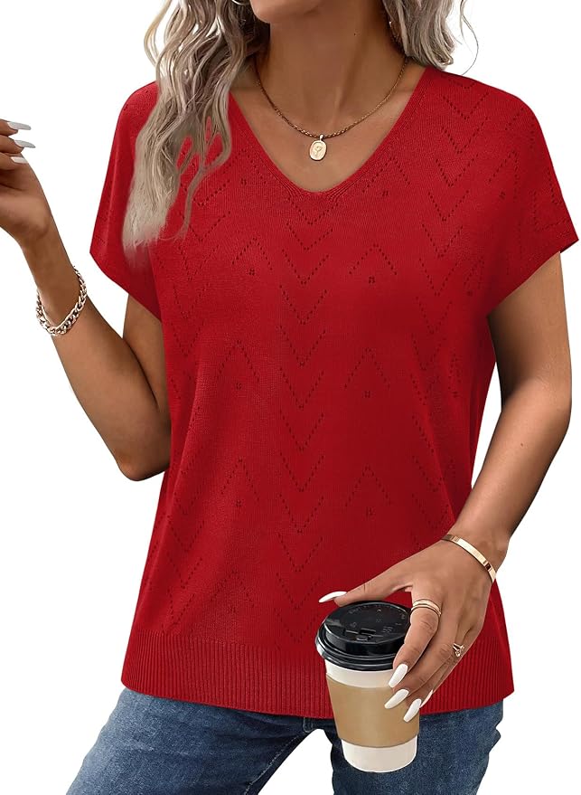 WIHOLL Short Sleeve Sweater for Women V Neck Trendy Cute Tops Business Casual Outfits Cap Sleeve