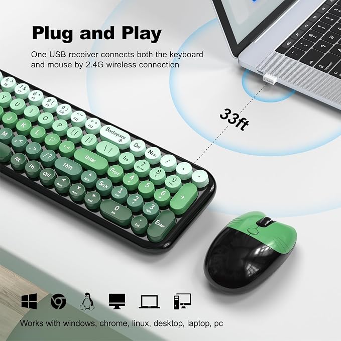MOFII Wireless Keyboard and Mouse Combo, Compact Typewriter Retro Round Computer Keyboard and Mouse Set, Plug and Play, for Windows, Computer, Desktop, PC, Notebook - Black Green Gradient
