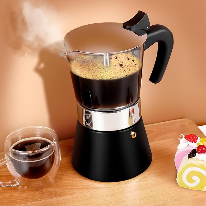 9 Cup 450ml Glass Moka Pot, Stovetop Espresso Maker, Black | Crystal Glass-top & Stainless Steel Coffee Maker, Induction Compatible, for Greca de Cafe, Cuban and Italian Coffee Brewing