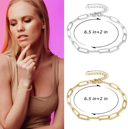 Exway 10 Pcs Paperclip Charm Bracelets Chain 6.5 Inch Stainless Steel Sliver Chain Bracelets Kit with Lobster Clasps for Crafts DIY Women Jewelry Making