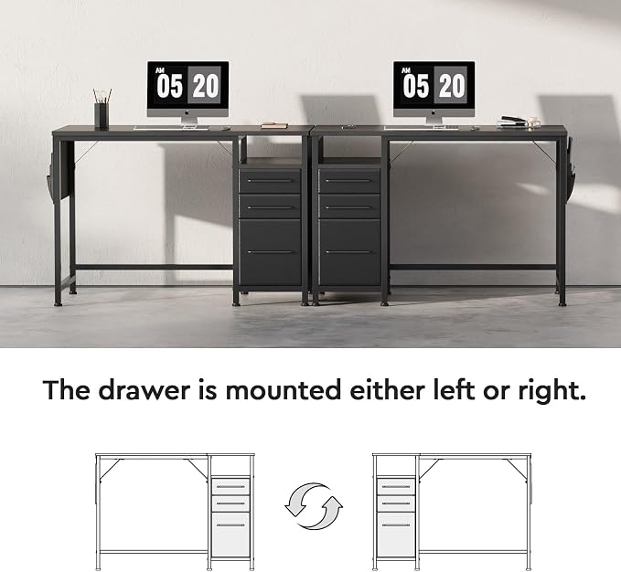 Maihail Small Desk with Drawers, Office Desk with Storage Shelves, Black | 40 Inch Desktop, Metal Frame, 3 Fabric Drawers, Storage Shelves, Computer & Writing Desk, Office Gaming Workstation