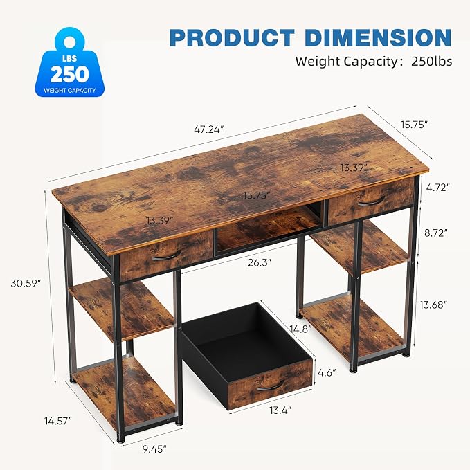 OLIXIS Gaming Desk, Computer Desk with Storage, Fabric Drawers, 48 Inch | Home Office for Small Space Bedroom, Study Work Writing PC Table, Compact Rooms, Brown