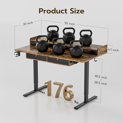 Deeper Electric Standing Desk Adjustable Height Stand Up Desk, 55" x 30" Sit Stand Desk, Quiet Home Office Desk, Large Workspace, Black table (Rustic Brown)