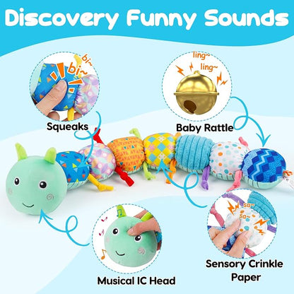 Baby Tummy Time Toys 0-6 Month Musical Stuffed Animal Plush Caterpillar Toy for Infant 6-12 Month Teething Sensory Toy with Crinkle Rattle Babies 0-3-6 Month Newborn Boy Girl Birthday