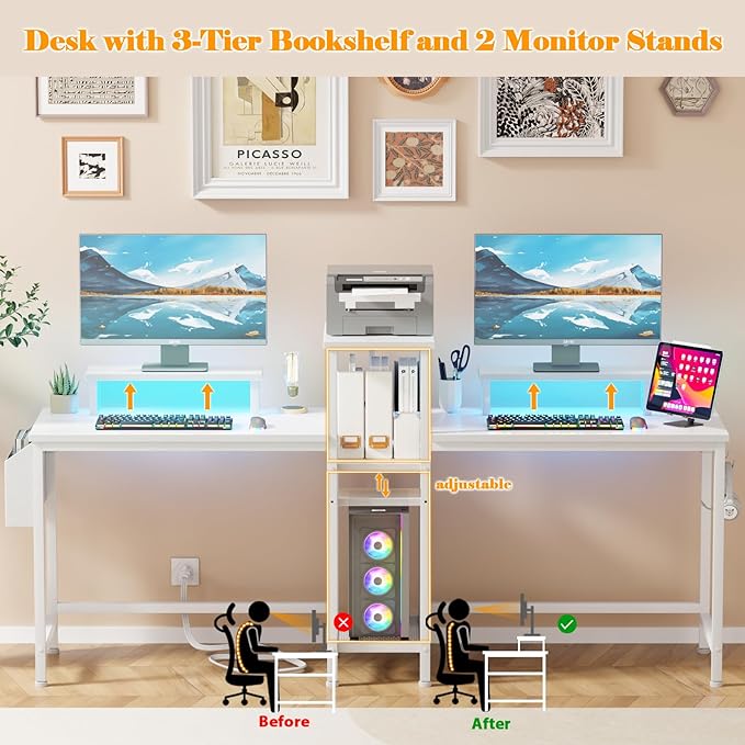 Furologee 2 Person Gaming Desk with LED Lights, 71 Inch Computer Desk with Power Outlets and Monitor Stand, Double Desk with Storage Bag and Headphone Hooks, Study Writing Table for Home Office, White