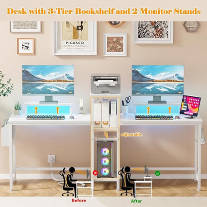 Furologee 2 Person Gaming Desk with LED Lights, 71 Inch Computer Desk with Power Outlets and Monitor Stand, Double Desk with Storage Bag and Headphone Hooks, Study Writing Table for Home Office, White