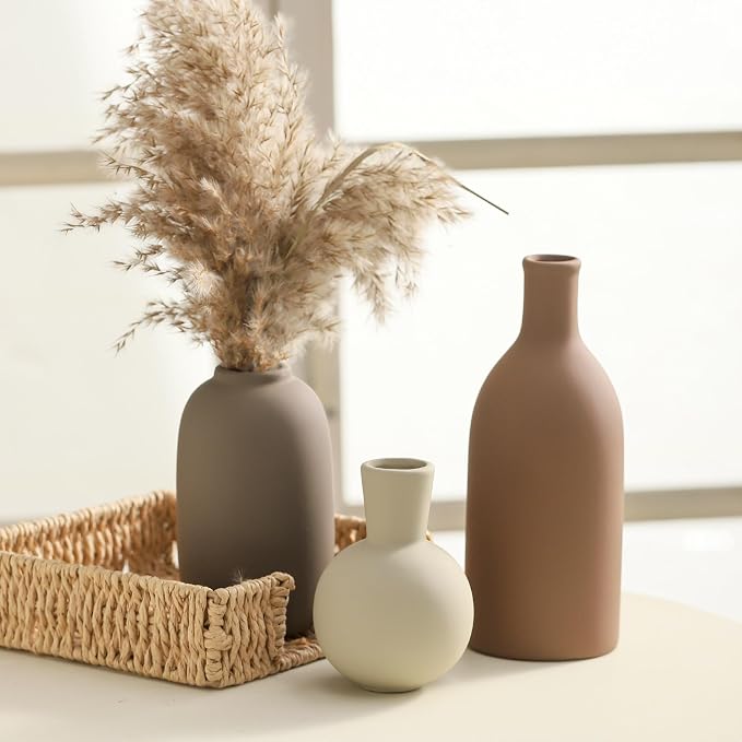 Ceramic Vases Set of 3, Modern Neutral Rustic Farmhouse Home Decor Pottery Pampas Decoration for Living Room, Table, Bathroom, Bedroom, Entryway - Brown