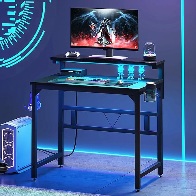 Gaming Desk with Power Outlets & LED Strip Lights,80CM Industrial Writing Desk with Adjustable Monitor Stand, Cupholder and Headphone Hook for Home Office Black