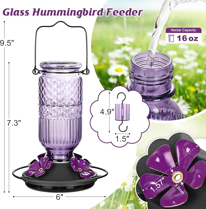 FEED GARDEN Glass Hummingbird Feeder for Outdoors Hanging, 16 oz Leak-Proof Nectar Feeder with Bee Guards & Ant Moat, 4 Metal Flower Feeding Ports, 360° Perch Ring, Easy Refill & Clean, Purple 2 Pack