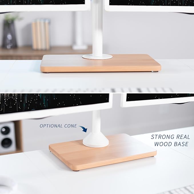 VIVO Dual Monitor Desk Stand for 13 to 32 inch Screens, STAND-V002FD-W | Articulating, Freestanding Adjustable Monitor Arm, White with Wood Base, Computer Stand for 2 Monitors, Holds 22 lbs Each