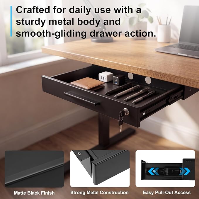 Menkxi 22'' x 14'' Under Desk Drawer Slide Out Storage Organizer, Lockable Metal Desk Drawer for Laptop and Office Accessories, Large Hidden Under Table Storage Box with Cable Management, Black