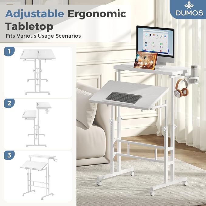 DUMOS Rolling Standing Desk, Sit Stand Desk, Computer Cart | Manual Height Adjustable, Split Top Mobile, Laptop Workstation, Portable Home Office, Walking Pad Study Surface, White
