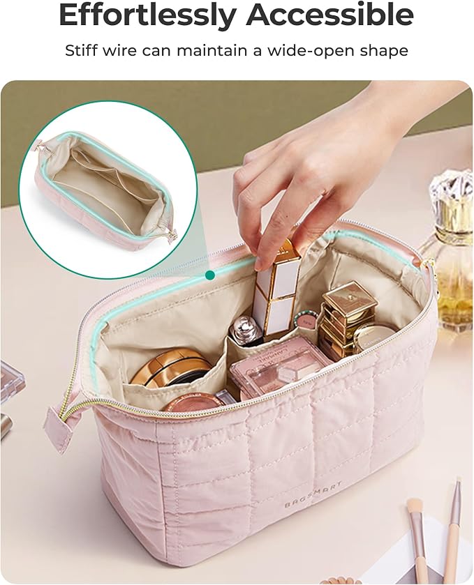 BAGSMART Makeup Bag Travel Toiletry Bag, Wide-open Zipper Pouch, Sky Blue | Puffy Padded, Travel Essentials, Make Up Bag, For Women, Makeup Organizer, Toiletries Accessories Brushes