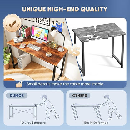 DUMOS 55 Inch Small Computer Desk, Gaming Desks for Home Office Bedroom | Modern Study Writing Work Table, Craft PC Desk Simple Workstation with Reinforcement Structure, Rustic Brown
