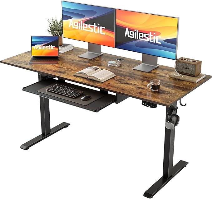 Height Adjustable Desk with Keyboard Tray, 55 x 24 Inches Electric Standing Desk, Stand up Computer Table with Memory Preset, Rustic Brown, Splice Board