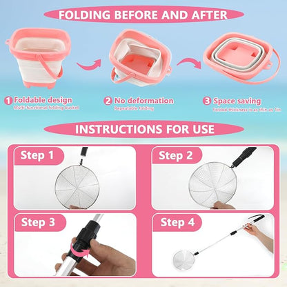 fethwoin Shark Tooth Sifter, Beach Sand Sifter, Sea Shell Scooper for Beach, Shell Bags&Foldable Bucket, Sand Beach Toys for Kids 6 8 10 12, Medium, Pink