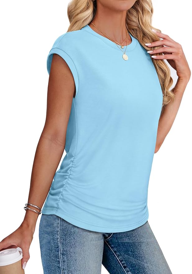 Sampeel Womens Summer Tops Trendy 2026 Ruched Cap Short Sleeve Tshirts Shirts Crew Neck T Shirts Fashion