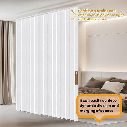 JILRON Hanging Accordion Room Divider with Track System - Ceiling-Mounted Partition Curtain, Simple Installation(White 100" W x 84" L-Pack of 1)