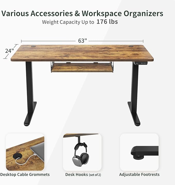 BANTI 63" x 24" Height Adjustable Electric Standing Desk with Keyboard Tray, Sit Stand up Desk with Splice Board, Black Frame/Rustic Brown Top