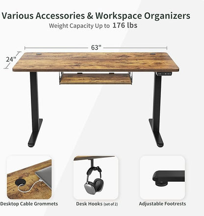 BANTI 63" x 24" Height Adjustable Electric Standing Desk with Keyboard Tray, Sit Stand up Desk with Splice Board, Black Frame/Rustic Brown Top
