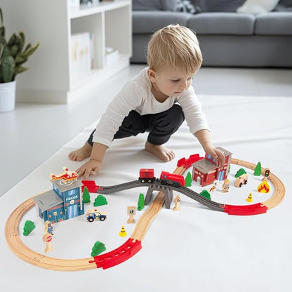 Wooden Train Set for Toddler - 60 Pcs- with Wooden Tracks fits Thomas, fits Brio, fits Chuggington, fits Melissa and Doug - Expandable, Changeable-Train Toy for 3 4 5 Years Old Girls & Boys