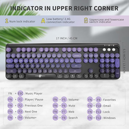 Wireless Keyboard and Mouse Combo - Cute Colorful Keyboard and Mouse, Retro Typewriter Keyboard with 2.4GHz Plug & Play, for Windows 11/10/7, Laptop, PC (Purple Wireless Keyboard and Mouse)