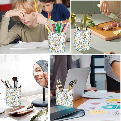 Desk Pen and Pencil Holder, Ceramic Multifunctional Organizer for Home, Office, and School, Green Floral Pattern