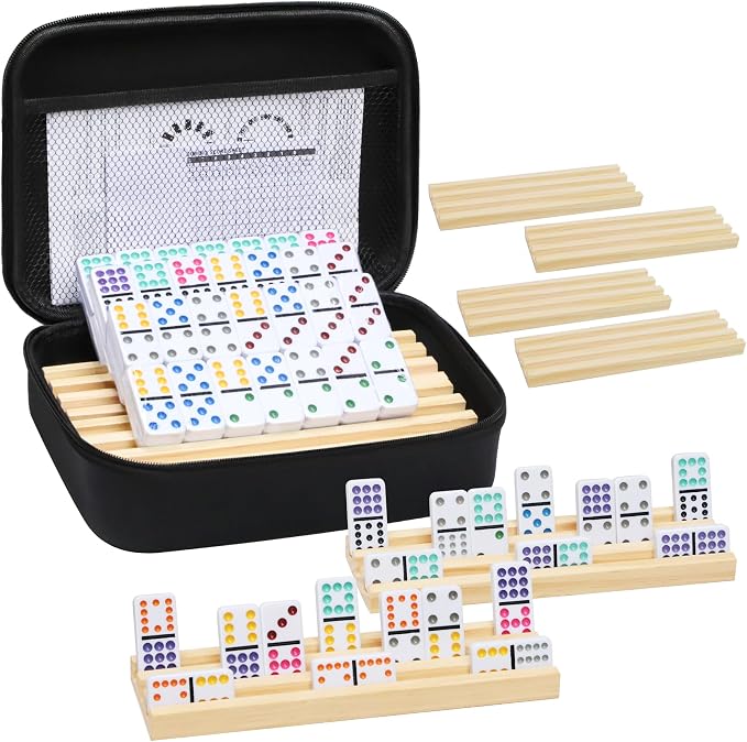 Mexican Train Dominoes Set with 8 Wooden Trays/Racks, Double 12 Dominos Travel Set with 8 Domino Tiles Holders, 91 Tiles Double 12 Colored Dominoes Game Set with Portable Case for Families Kids
