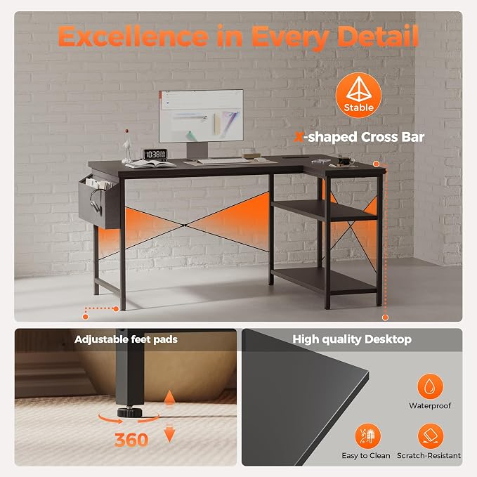 Mericonia 55 inch L Shaped Gaming Desk, Large Corner Desk with Shelves | Reversible Computer Desk with Power Outlets & Storage Bag, Office Table for Home Bedroom Study Work Writing