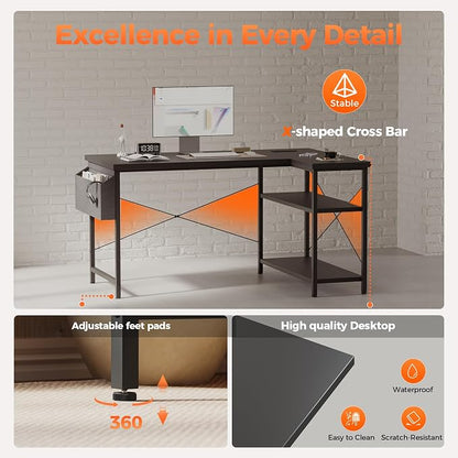 Mericonia 55 inch L Shaped Gaming Desk, Large Corner Desk with Shelves | Reversible Computer Desk with Power Outlets & Storage Bag, Office Table for Home Bedroom Study Work Writing