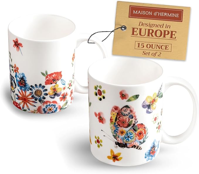 Maison d' Hermine Coffee Mug with Handles Tea Cups (15 Ounce, Pack of 2) | Fine Bone China Coffee Mugs for Hot Beverages Cappuccino Latte Home Restaurant Spring Summer -Happy Florals - High Summer