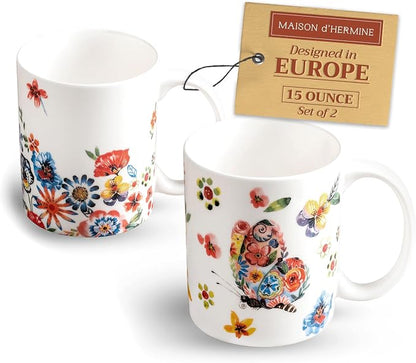 Maison d' Hermine Coffee Mug with Handles Tea Cups (15 Ounce, Pack of 2) | Fine Bone China Coffee Mugs for Hot Beverages Cappuccino Latte Home Restaurant Spring Summer -Happy Florals - High Summer