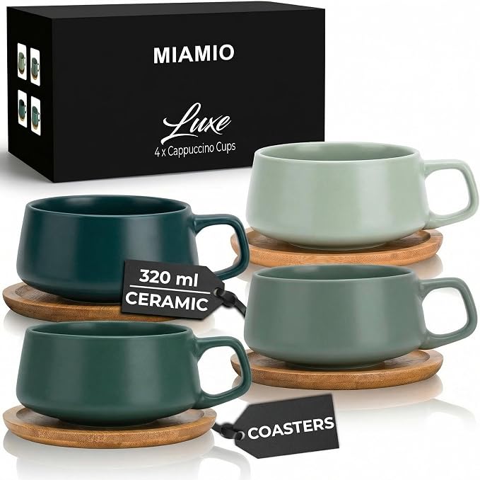 MIAMIO - Cappuccino Cup Set of 4, Ceramic, Wide (9.5oz) - Luxe (Evergreen) | Ceramic cappuccino cups and saucers, wide latte cups and mugs for Americano, 4-piece set of ceramic cups, dishwasher safe