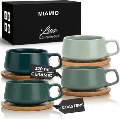 MIAMIO - Cappuccino Cup Set of 4, Ceramic, Wide (9.5oz) - Luxe (Evergreen) | Ceramic cappuccino cups and saucers, wide latte cups and mugs for Americano, 4-piece set of ceramic cups, dishwasher safe